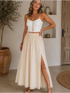 Macy's Petite Cream Maxi Skirt with Side Slit Pull-On Flowy Boho Skirt
